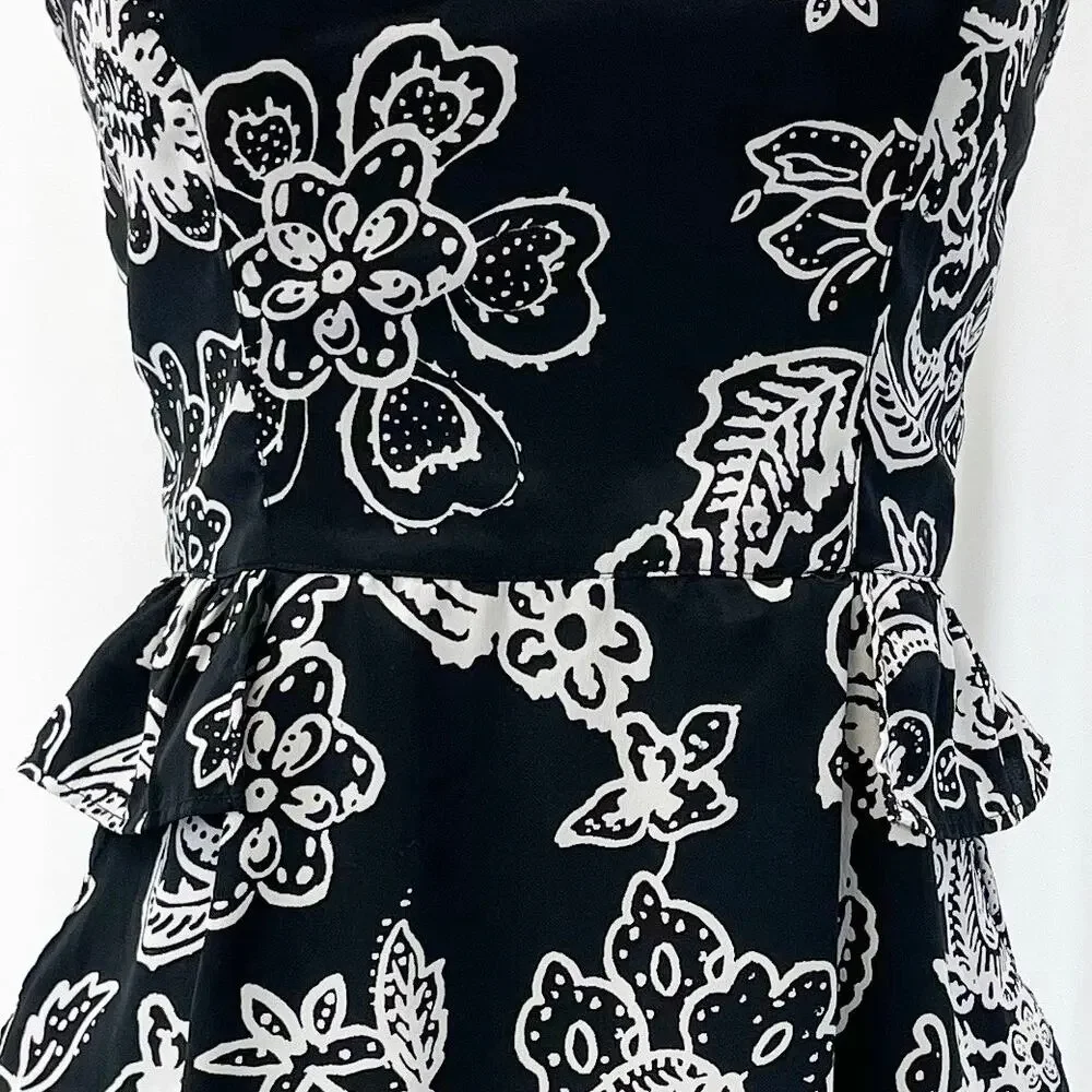 American Eagle Womens 6 Floral Sleeveless Dress Black White Peplum Sweetheart‎